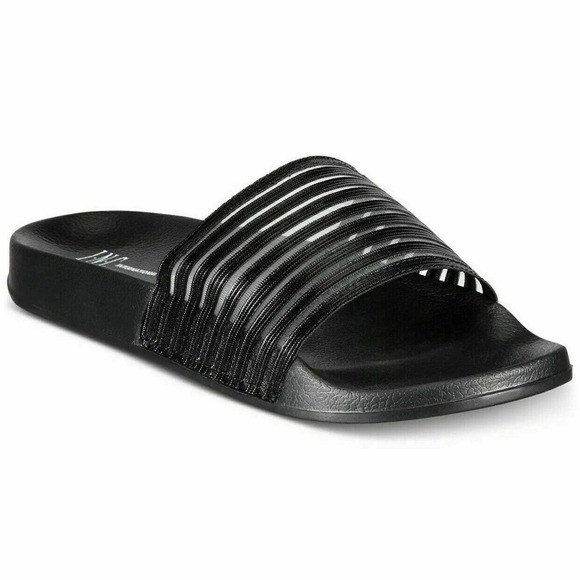 INC Metallic Mesh Stripes Slides Slippers Black L - Picture 1 of 2